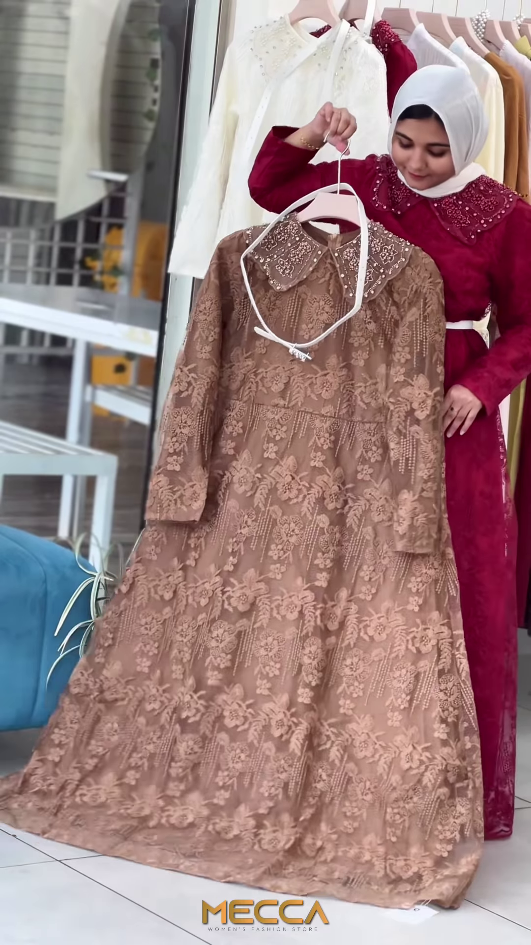 Tan Floral Lace Maxi Gown with Embellished Peter Pan Collar - Image 2
