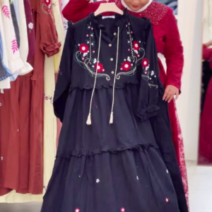 Black Tiered Ethnic Dress with Red Rose Embroidery and Tassels