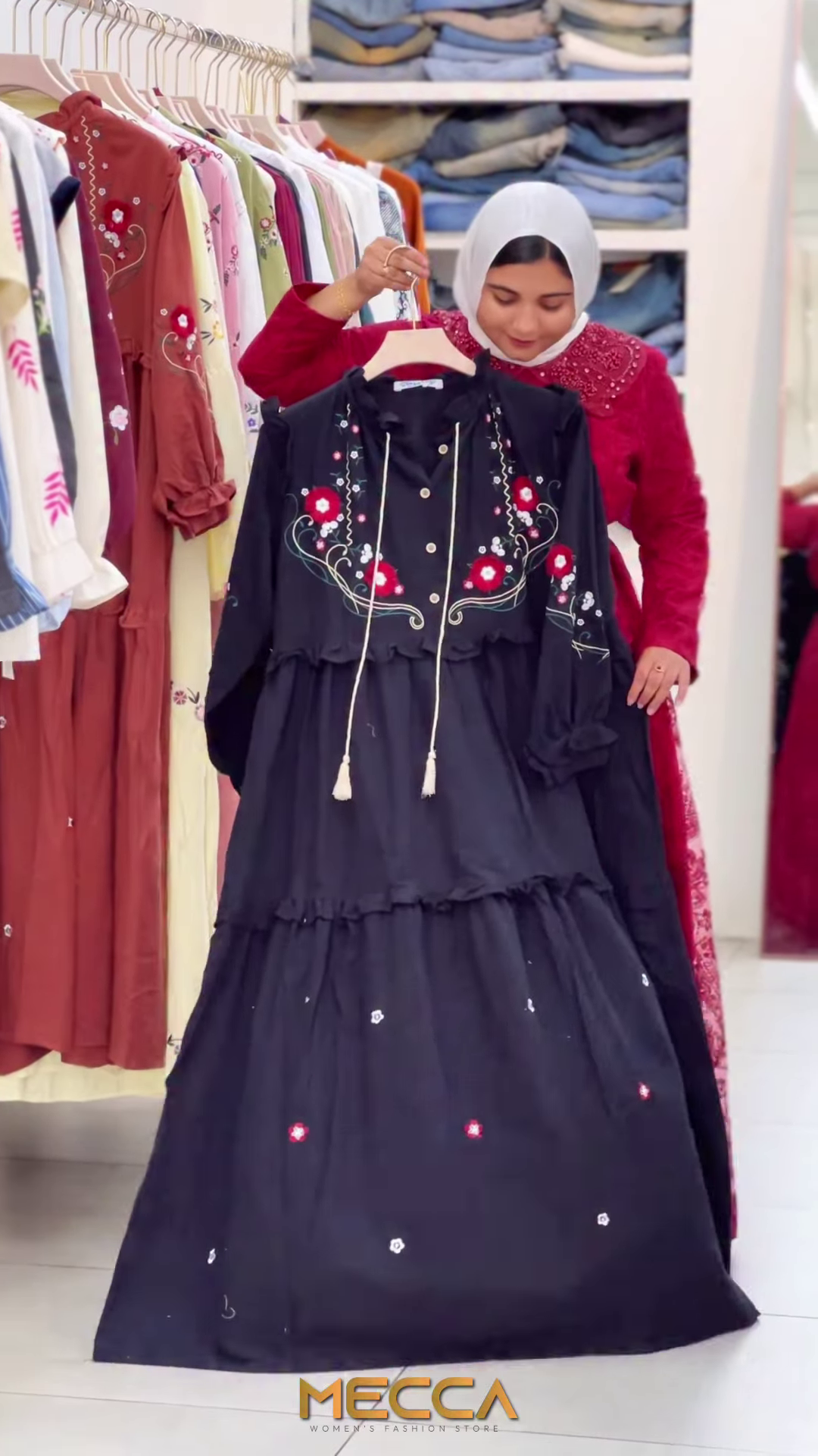 Black Tiered Ethnic Dress with Red Rose Embroidery and Tassels