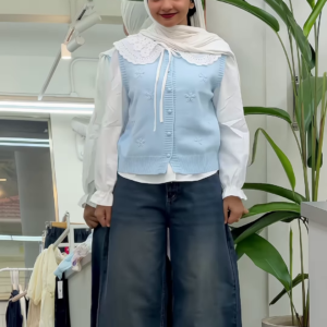 Sky Blue Knitted Vest and White Ruffled Blouse with Wide-Leg Denim