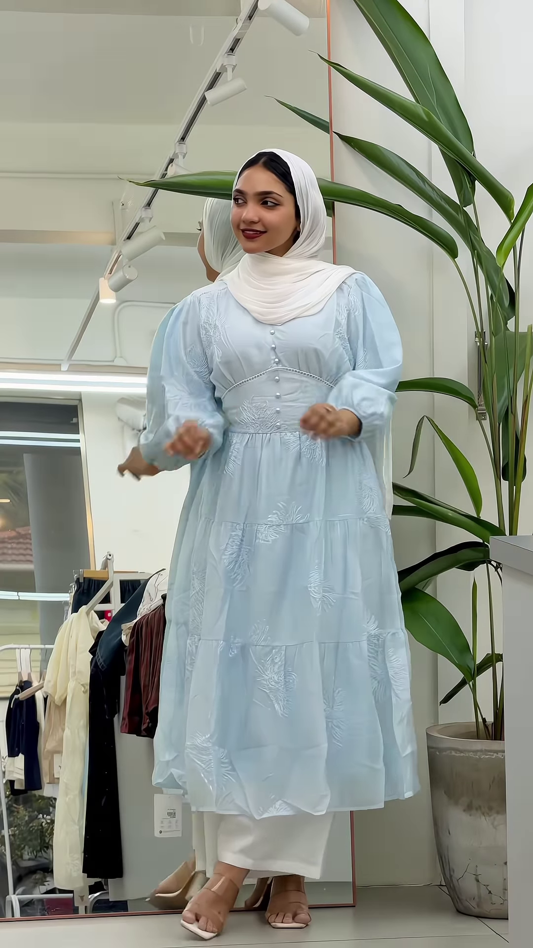Sky Blue Knitted Vest and White Ruffled Blouse with Wide-Leg Denim - Image 9