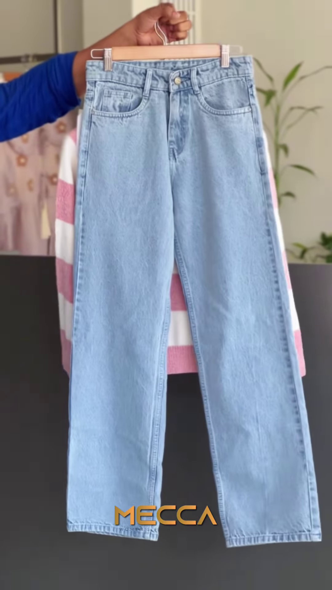 Pink and White Striped Raglan Sweater with Light-Wash Denim - Image 2
