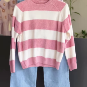 Pink and White Striped Raglan Sweater with Light-Wash Denim