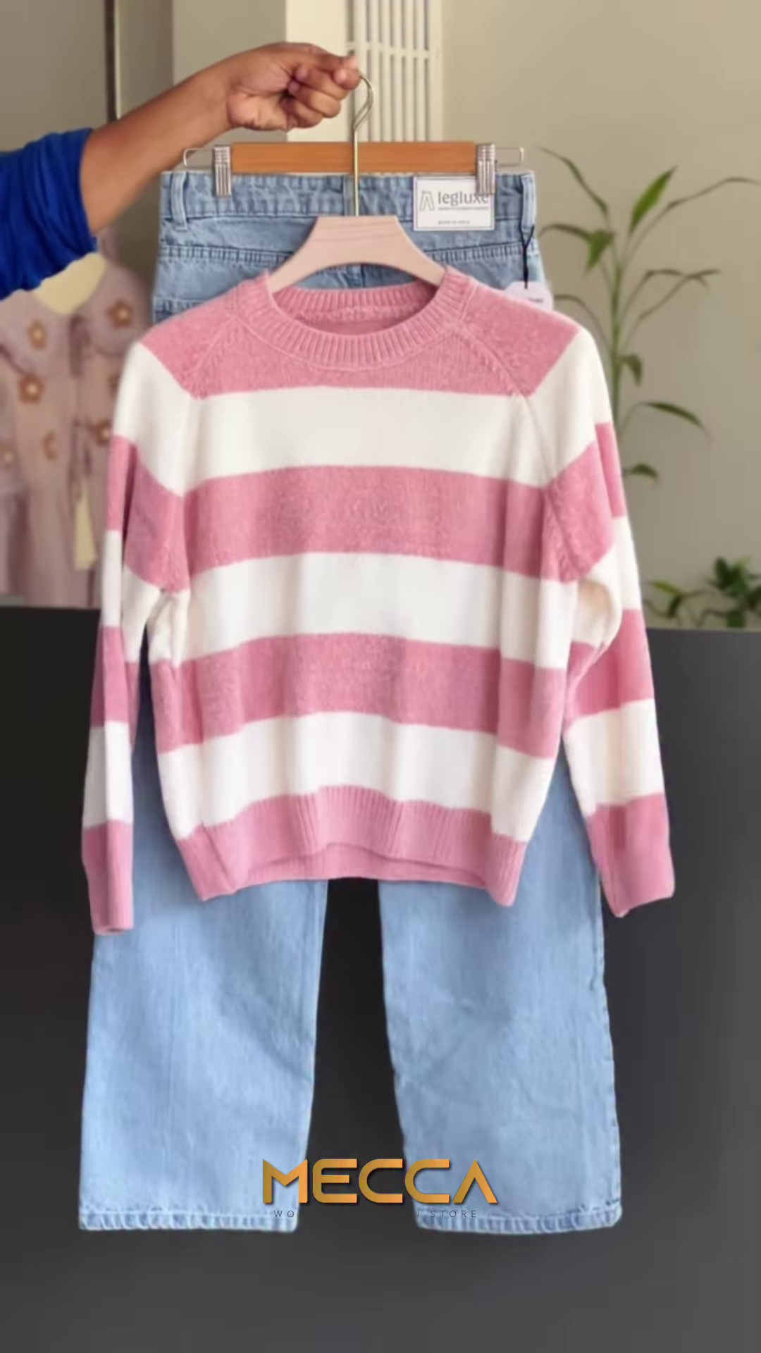 Pink and White Striped Raglan Sweater with Light-Wash Denim