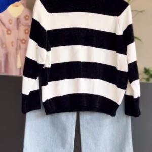 Black and White Striped Knit Sweater with Light-Wash Denim