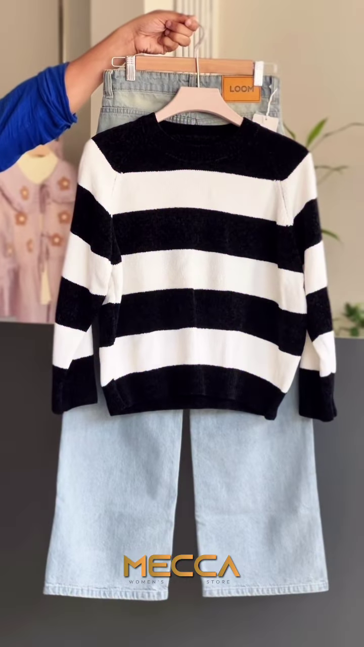 Black and White Striped Knit Sweater with Light-Wash Denim
