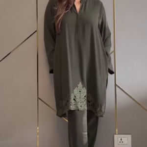 Olive Green Silk Tunic with Geometric Cutwork Hem