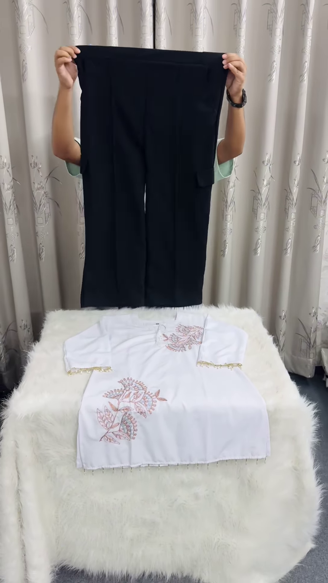 Minimalist White Cotton Tunic with Pastel Floral Embroidery - Image 2