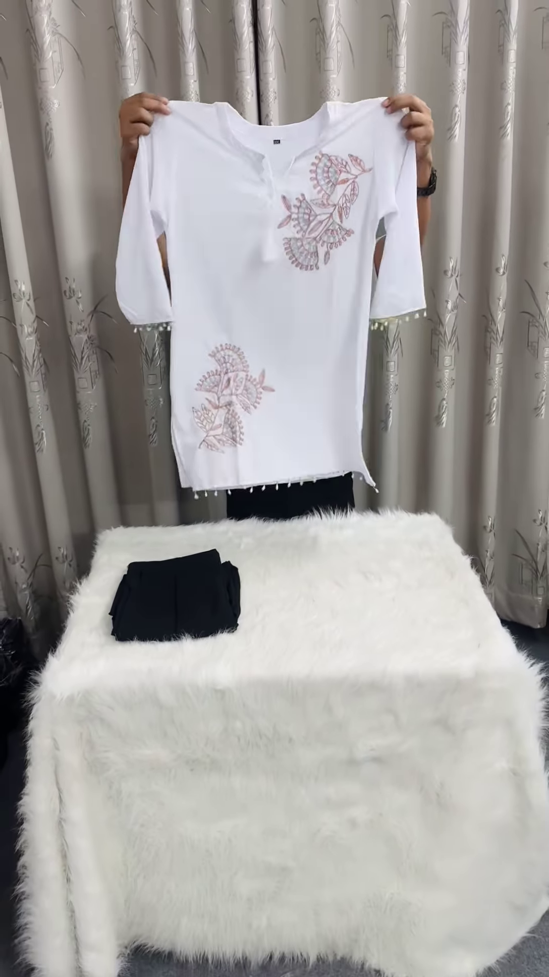 Minimalist White Cotton Tunic with Pastel Floral Embroidery