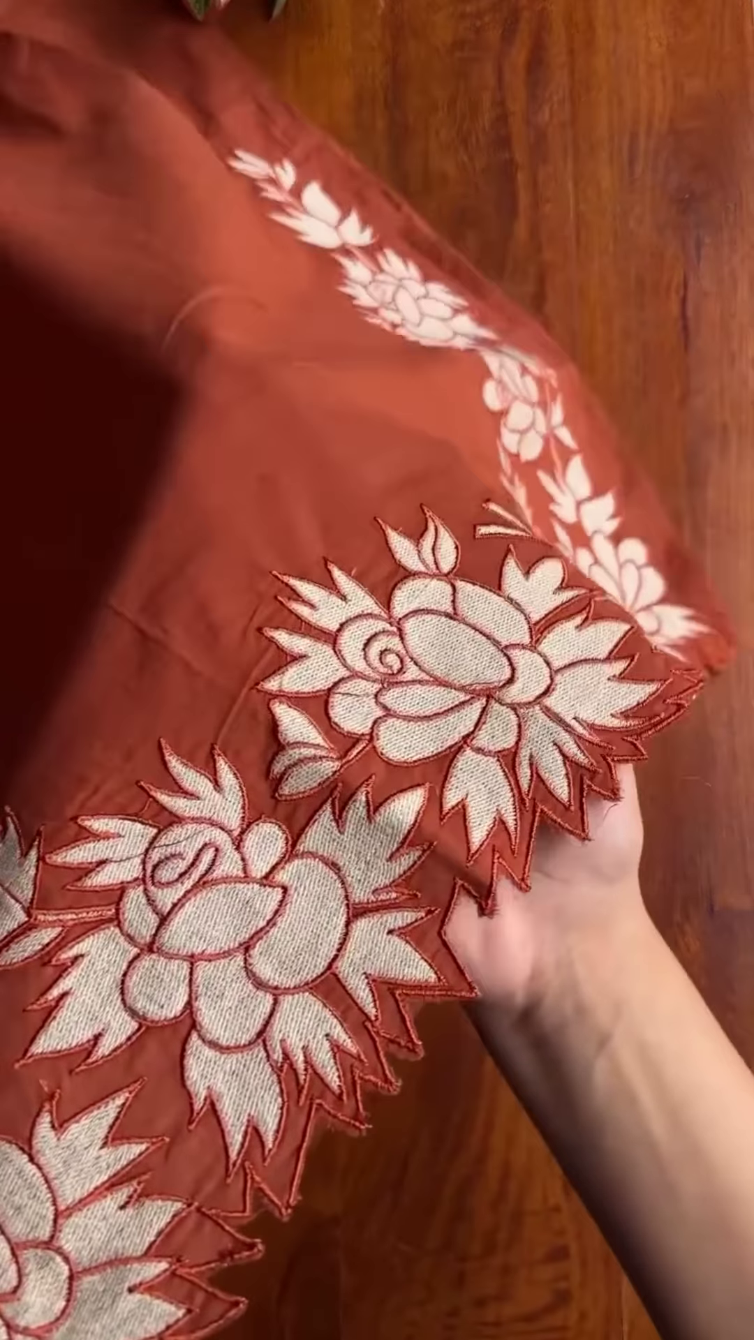 Rust Orange Tunic with Scalloped Floral Cutwork Neckline - Image 4