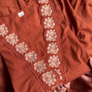 Rust Orange Tunic with Scalloped Floral Cutwork Neckline