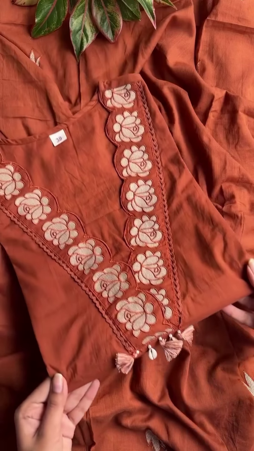 Rust Orange Tunic with Scalloped Floral Cutwork Neckline