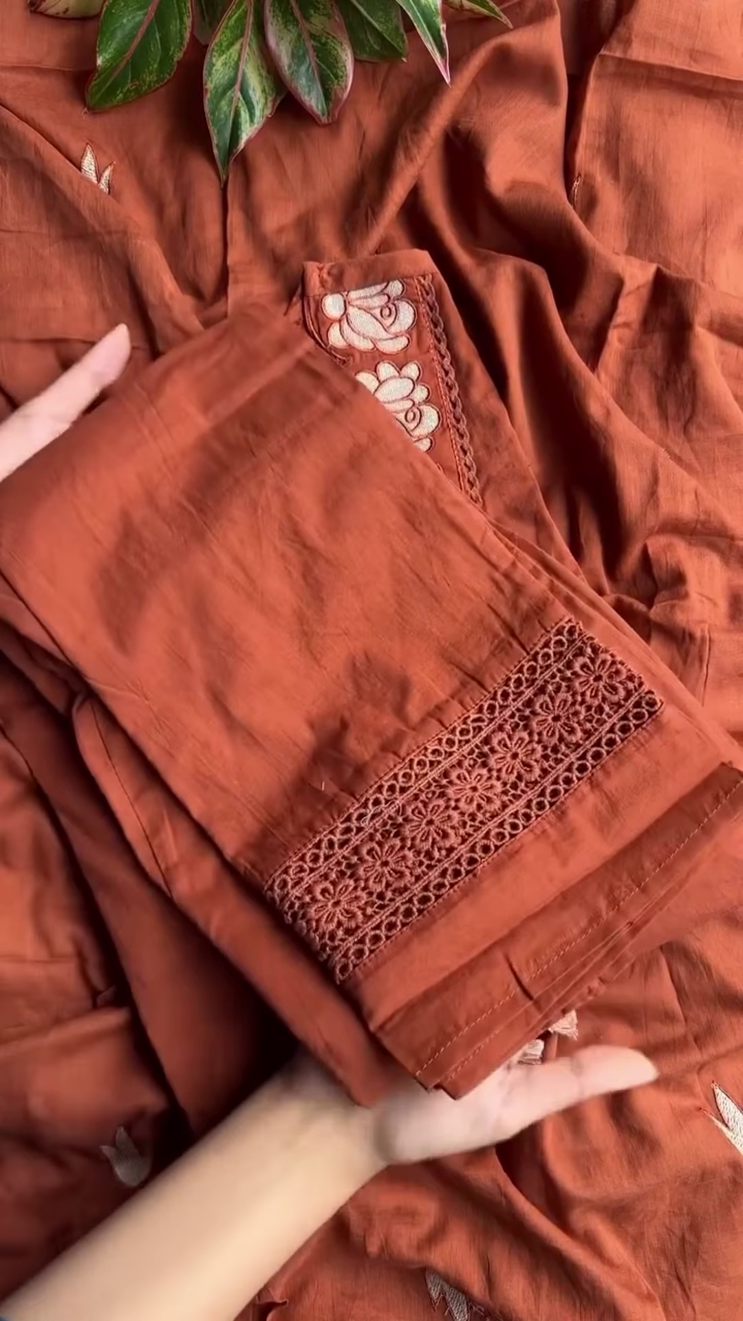 Rust Orange Tunic with Scalloped Floral Cutwork Neckline - Image 3