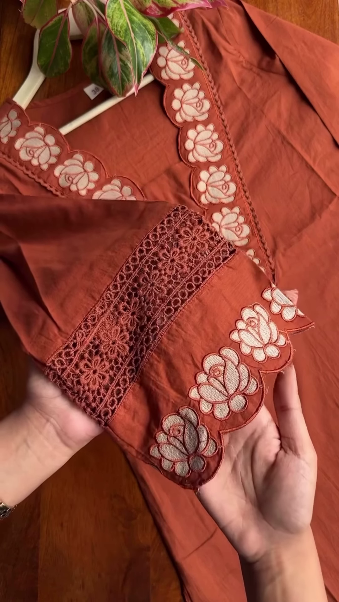 Rust Orange Tunic with Scalloped Floral Cutwork Neckline - Image 2