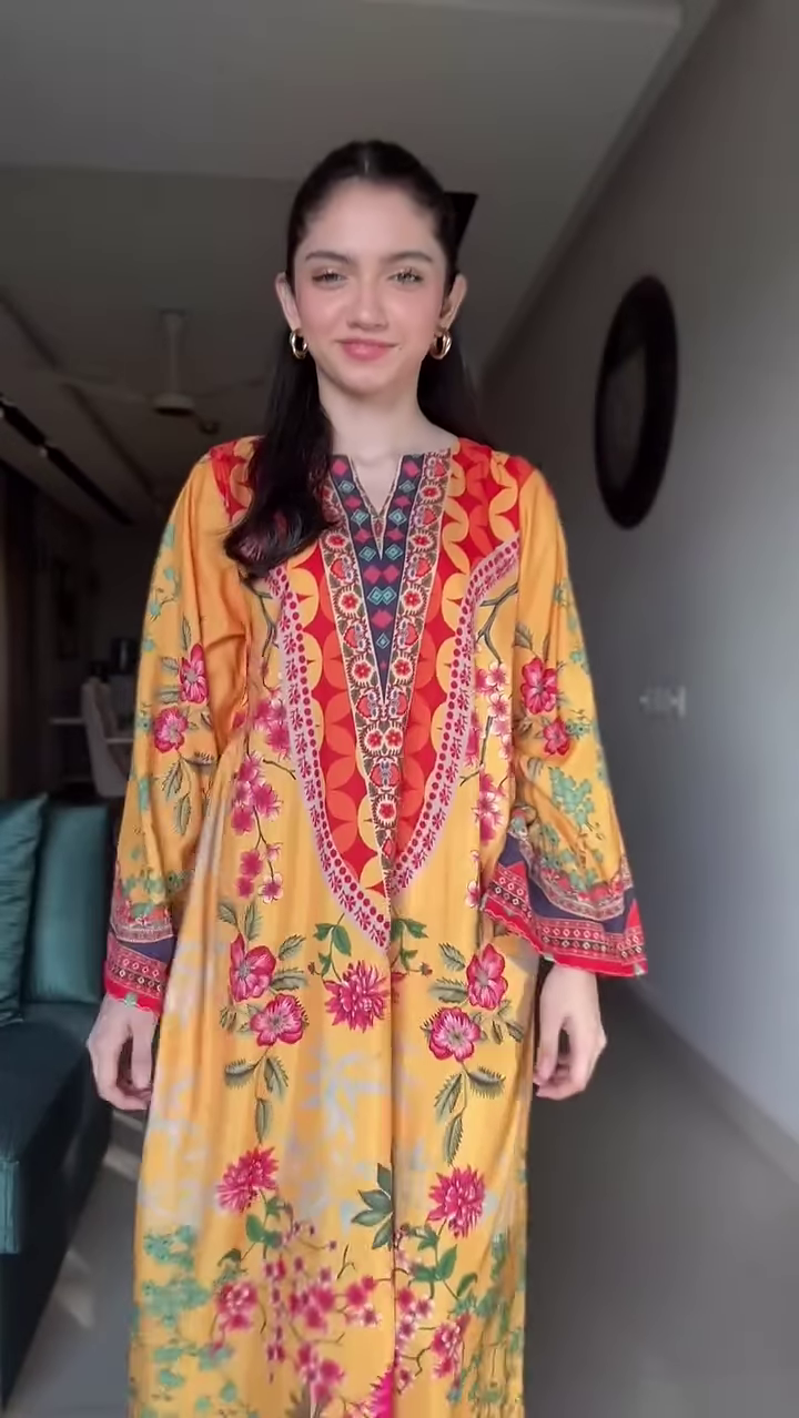 Ivory Kaftan-Style Maxi Dress with Bold Black Floral Print