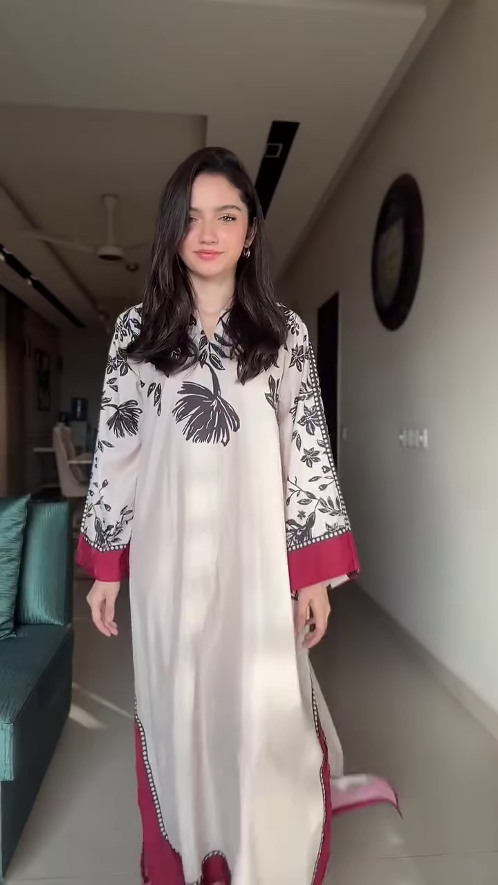 Ivory Kaftan-Style Maxi Dress with Bold Black Floral Print - Image 2