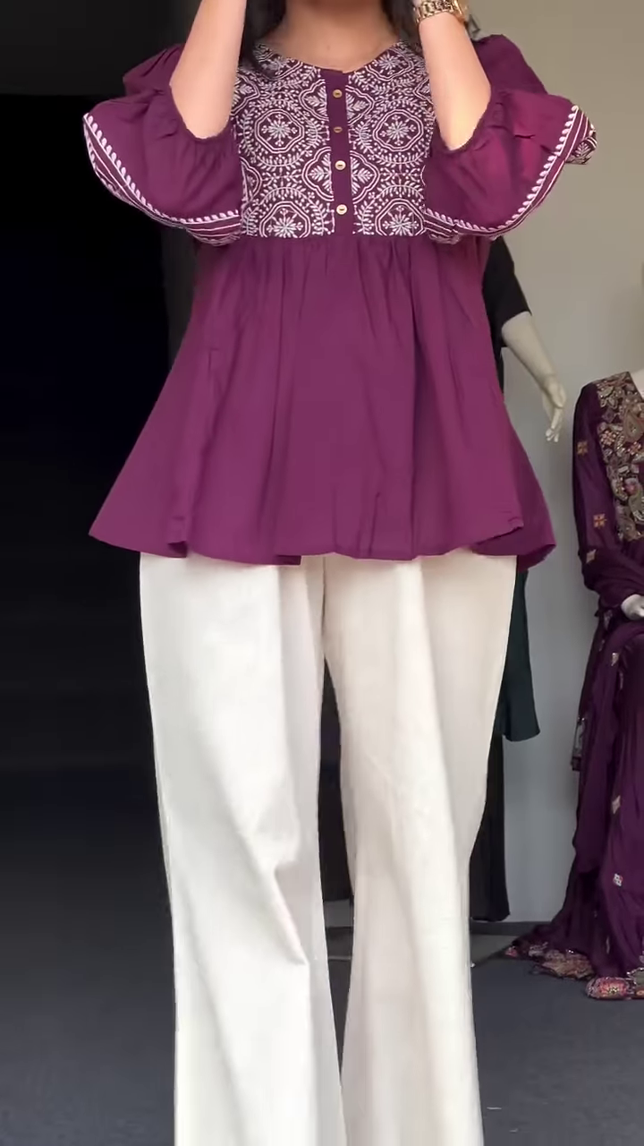 Deep Plum Peplum Tunic with White Geometric Mandala Embroidery - Image 3