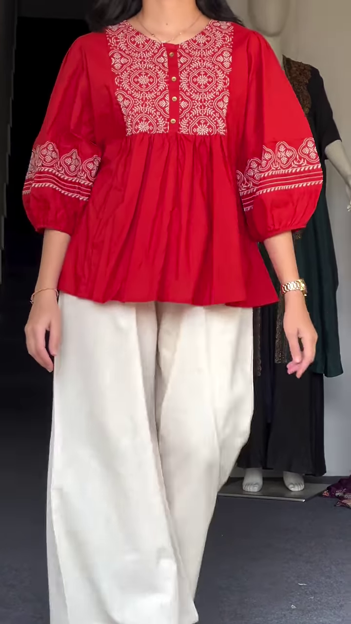 Deep Plum Peplum Tunic with White Geometric Mandala Embroidery - Image 2