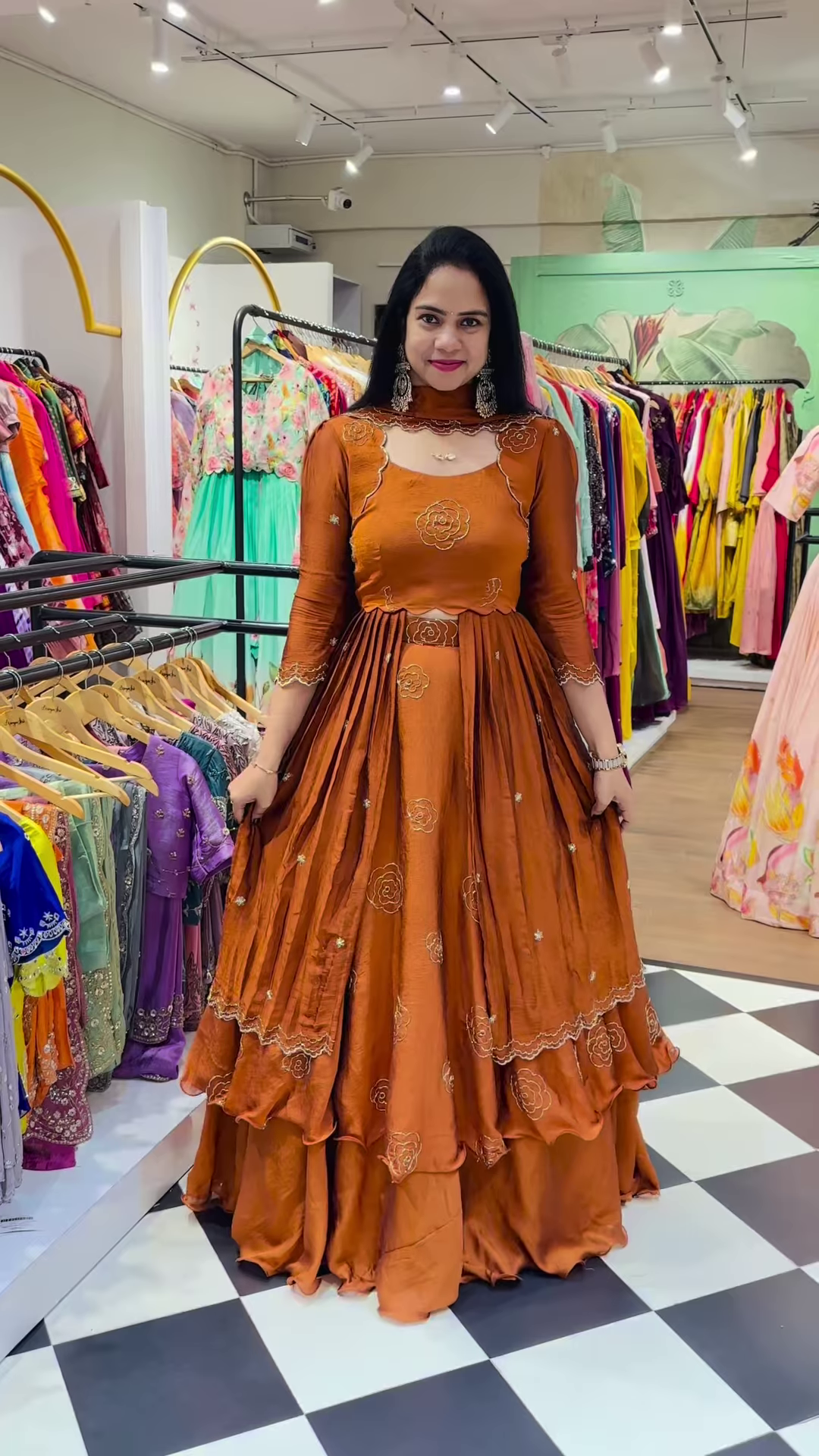 Burnt Orange Silk Lehenga with Gold Rose Embroidery - Image 3