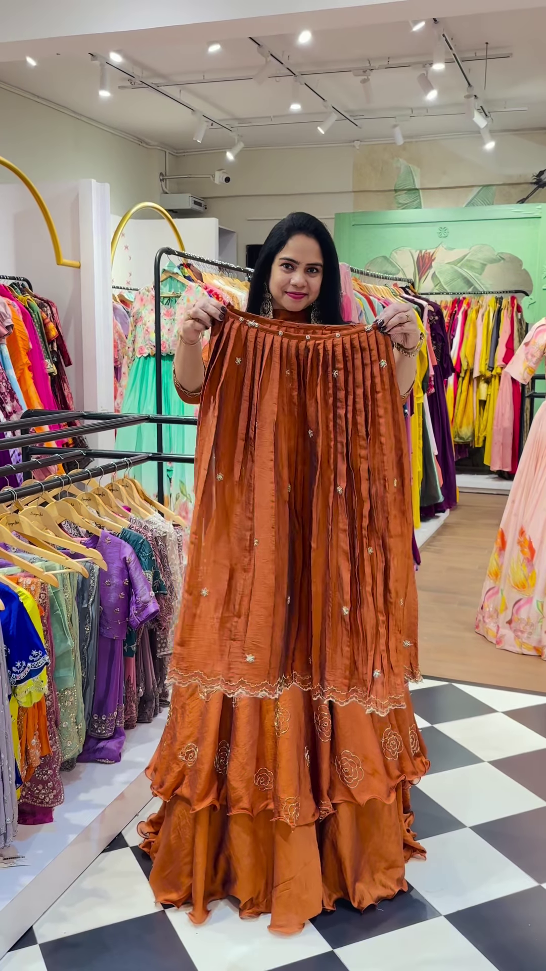 Burnt Orange Silk Lehenga with Gold Rose Embroidery - Image 2