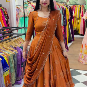 Burnt Orange Silk Lehenga with Gold Rose Embroidery