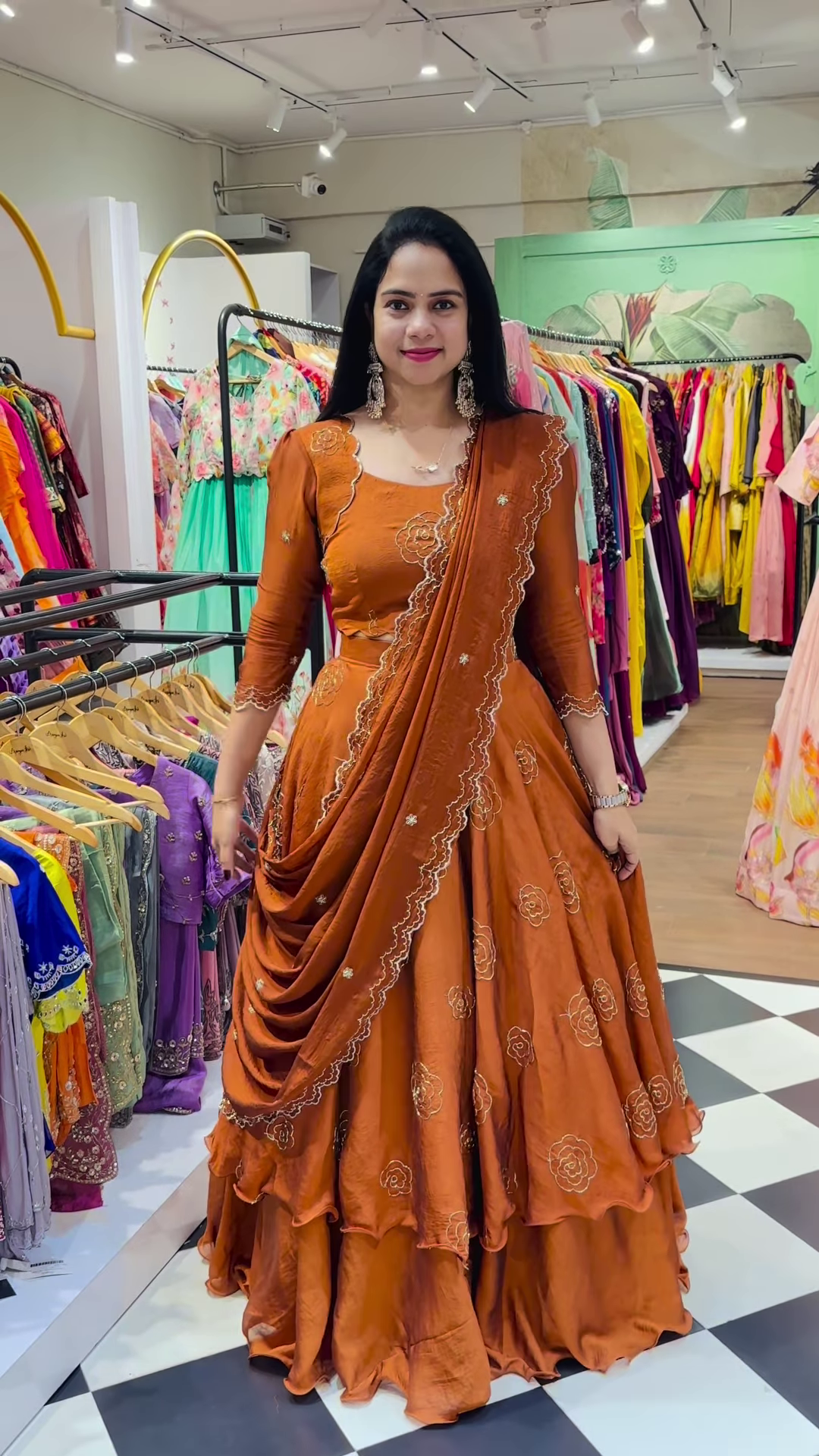 Burnt Orange Silk Lehenga with Gold Rose Embroidery