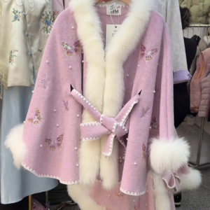 Soft Pink Woolen Cape with Faux-Fur Trim and Butterfly Embroidery
