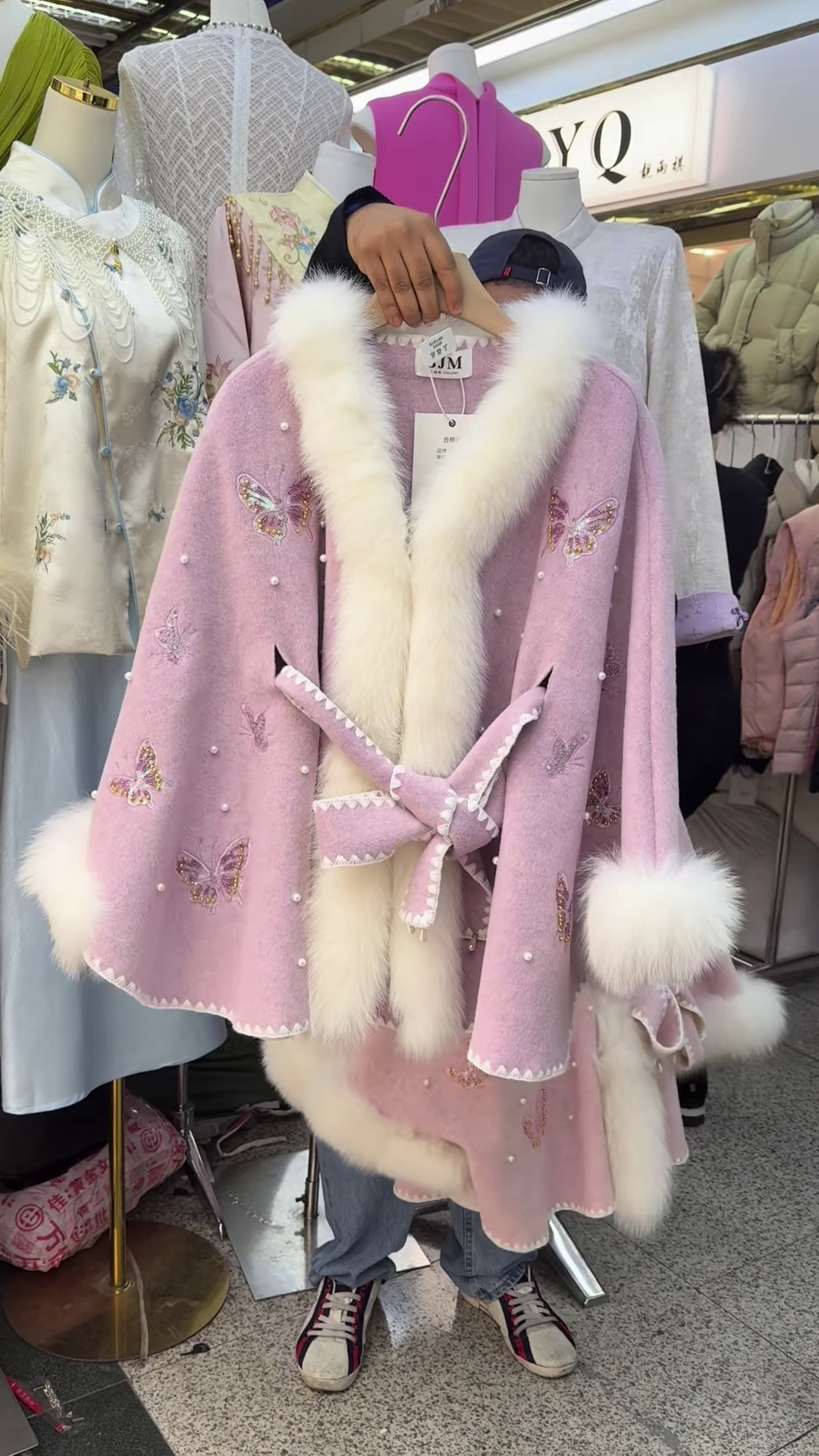 Soft Pink Woolen Cape with Faux-Fur Trim and Butterfly Embroidery
