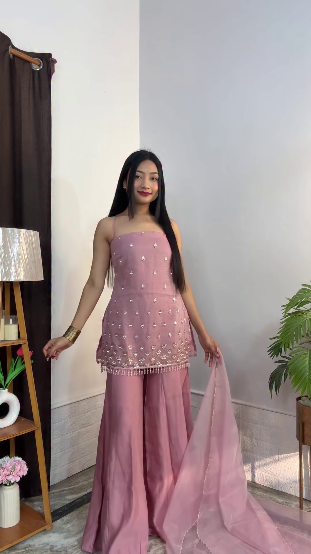 Olive Green Sleeveless Kurta and Wide-Leg Gharara Set - Image 3