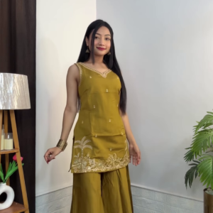 Olive Green Sleeveless Kurta and Wide-Leg Gharara Set