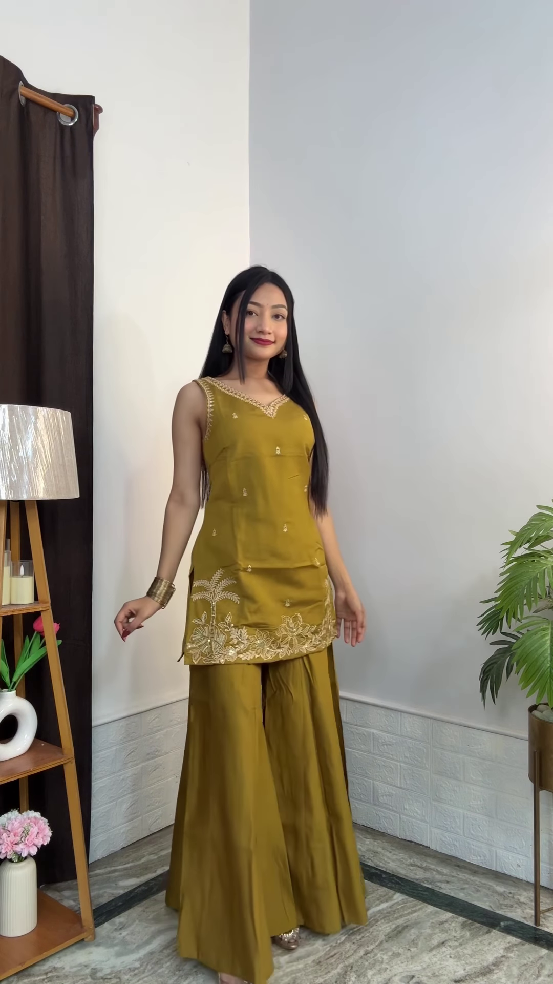 Olive Green Sleeveless Kurta and Wide-Leg Gharara Set