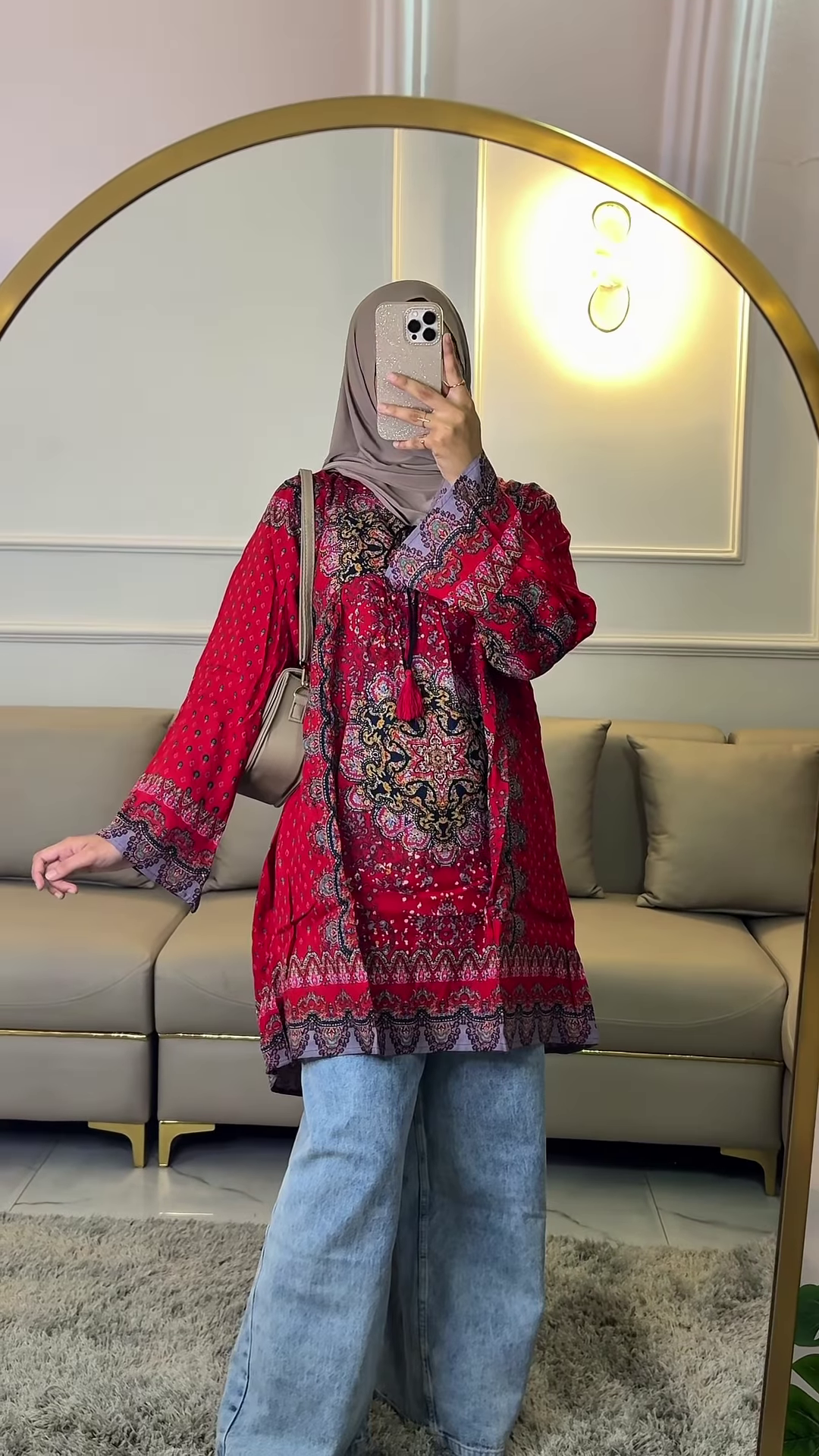 Bohemian Floral Print Tunic with Tassel Neckline and Flare Sleeves - Image 5
