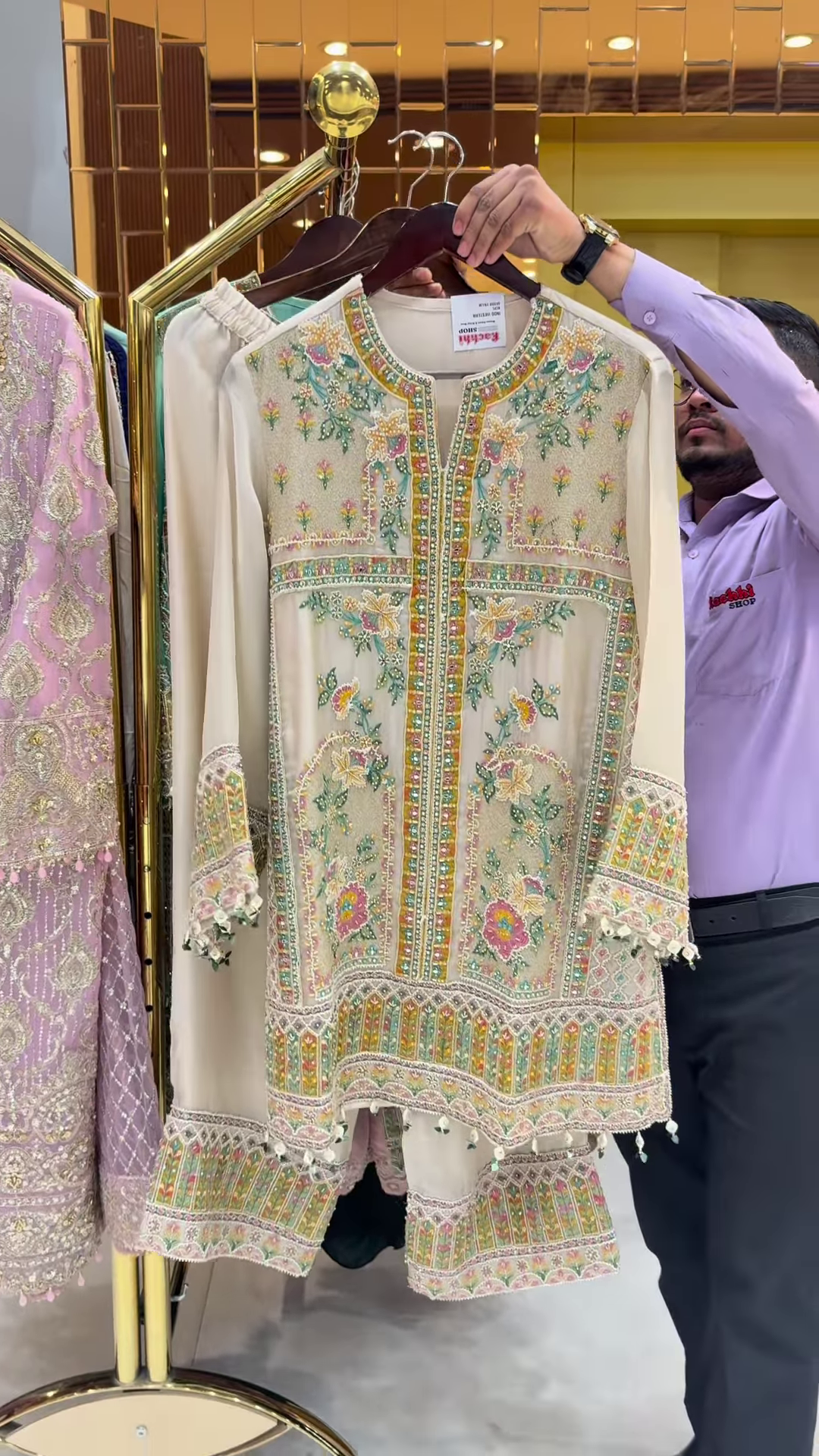Mint Green Silk Kurta with Intricate Gold and Floral Embroidery - Image 2