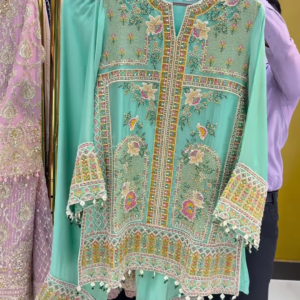 Mint Green Silk Kurta with Intricate Gold and Floral Embroidery