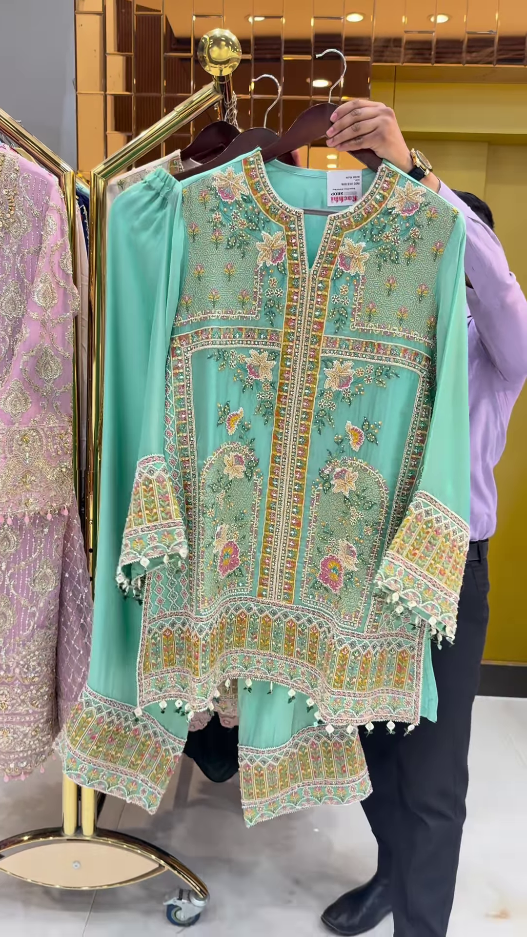 Mint Green Silk Kurta with Intricate Gold and Floral Embroidery