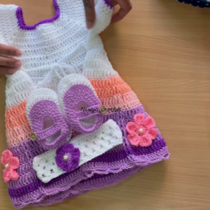 Hand-Crocheted Baby Dress with 3D Floral and Bow Accents
