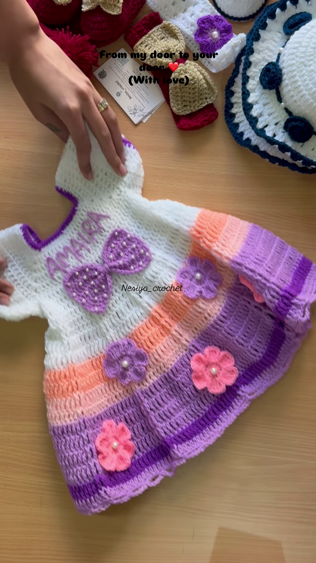 Hand-Crocheted Baby Dress with 3D Floral and Bow Accents - Image 3