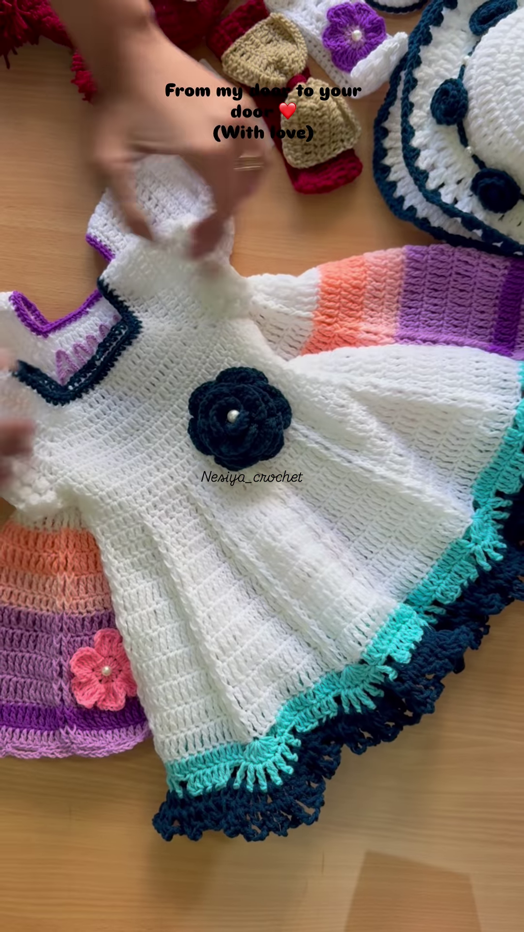 Hand-Crocheted Baby Dress with 3D Floral and Bow Accents - Image 2