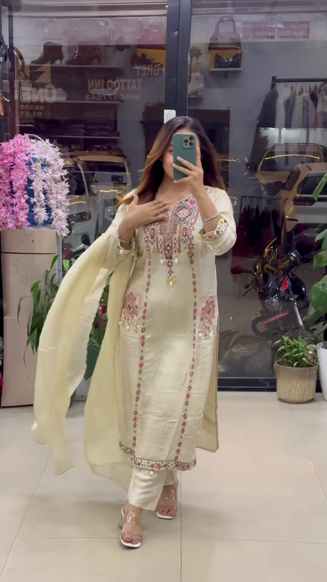 Lime Green Silk Suit with Traditional Mirror and Thread Work - Image 3