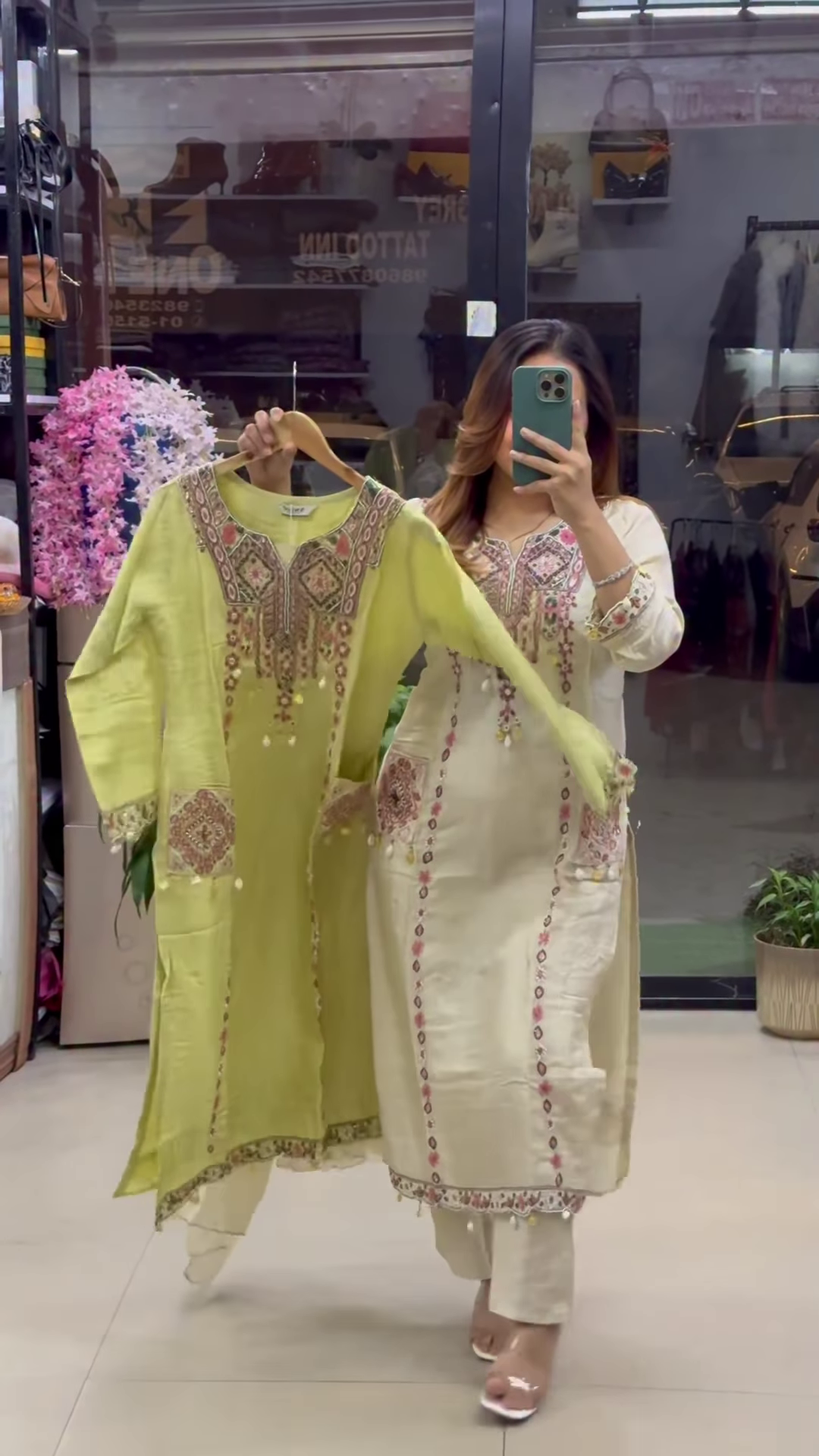 Lime Green Silk Suit with Traditional Mirror and Thread Work - Image 2