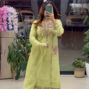 Lime Green Silk Suit with Traditional Mirror and Thread Work