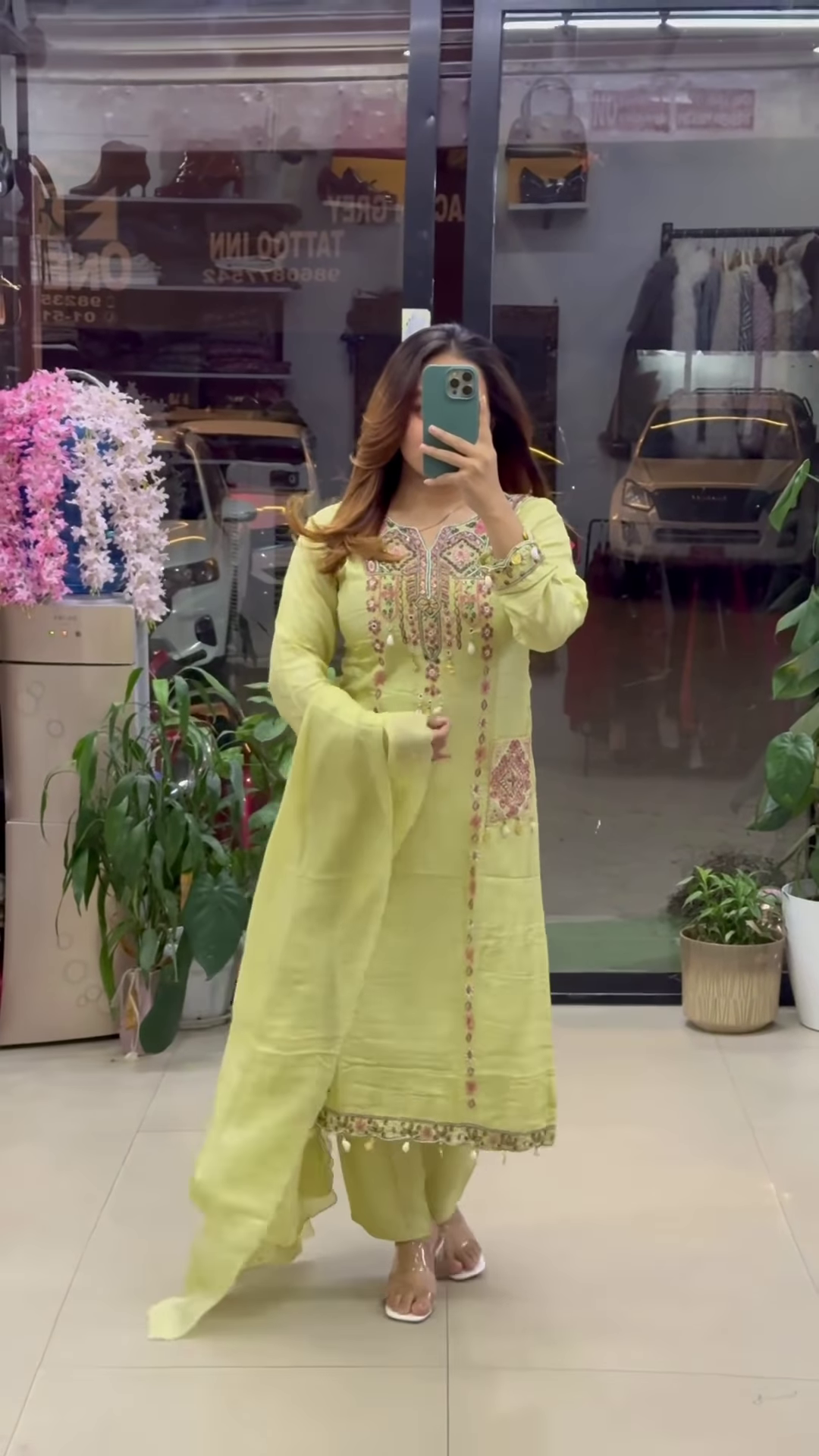 Lime Green Silk Suit with Traditional Mirror and Thread Work