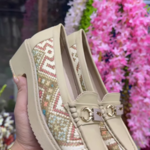 Elegant Beige Loafers with Traditional Patterned Fabric Inserts