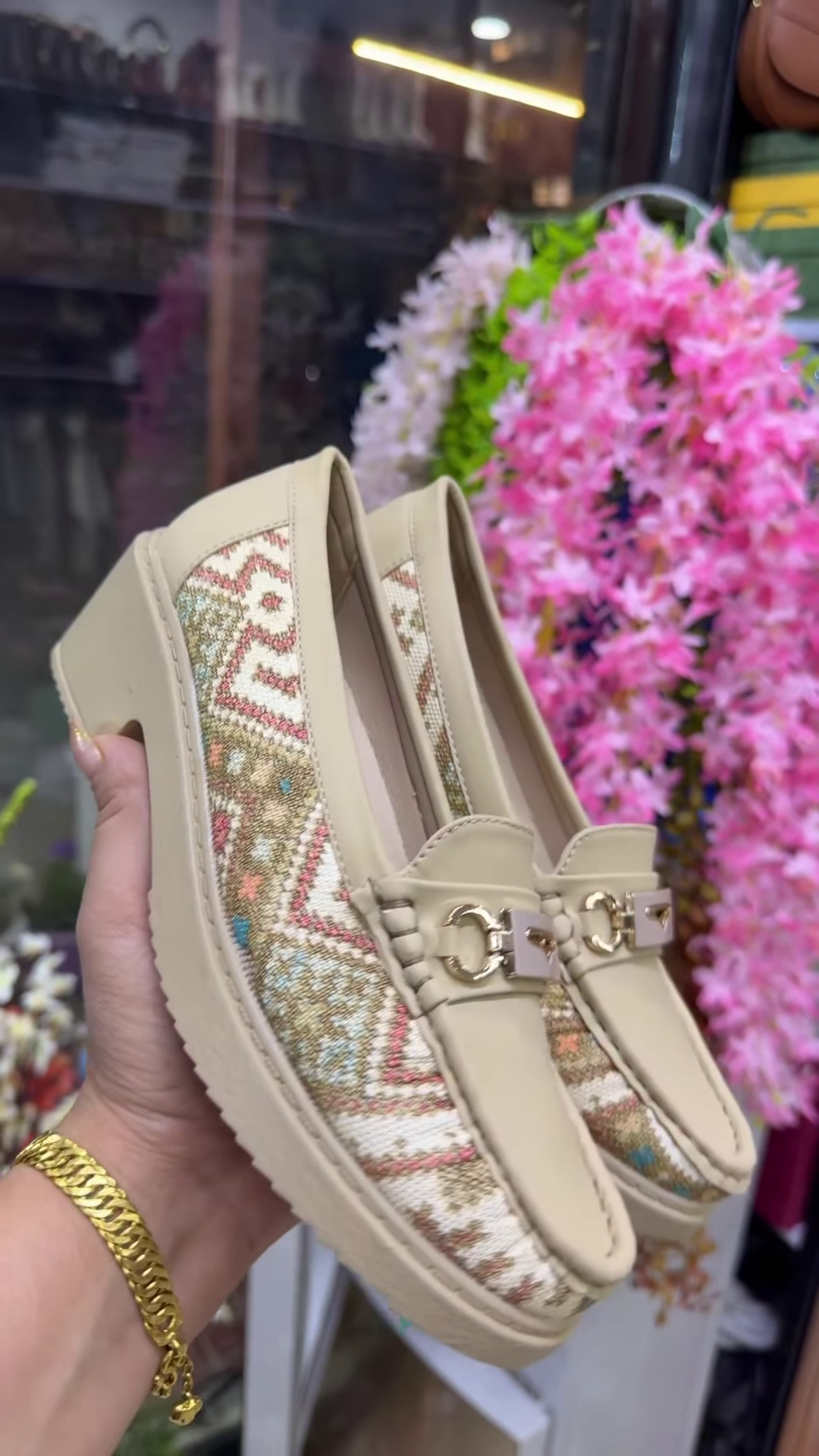 Elegant Beige Loafers with Traditional Patterned Fabric Inserts