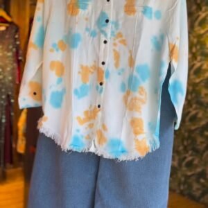 Abstract Tie-Dye Frayed Hem Shirt with Wide-Leg Denim Trousers Set