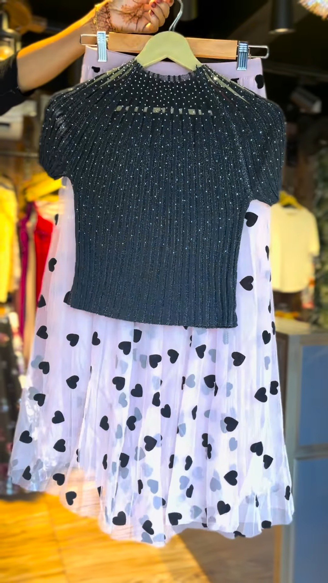 Enchanting Heart-Print Tulle Skirt & Shimmer Top Co-ord Set – Available in Black & Pastel Pink - Image 2