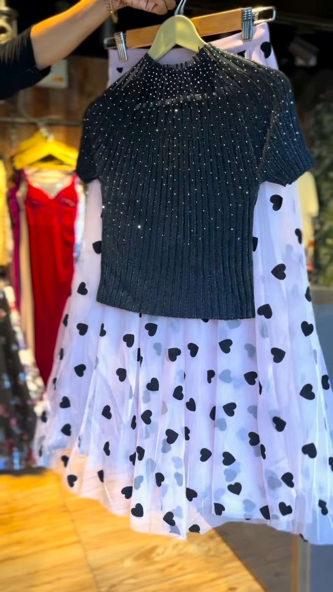 Enchanting Heart-Print Tulle Skirt & Shimmer Top Co-ord Set – Available in Black & Pastel Pink - Image 3