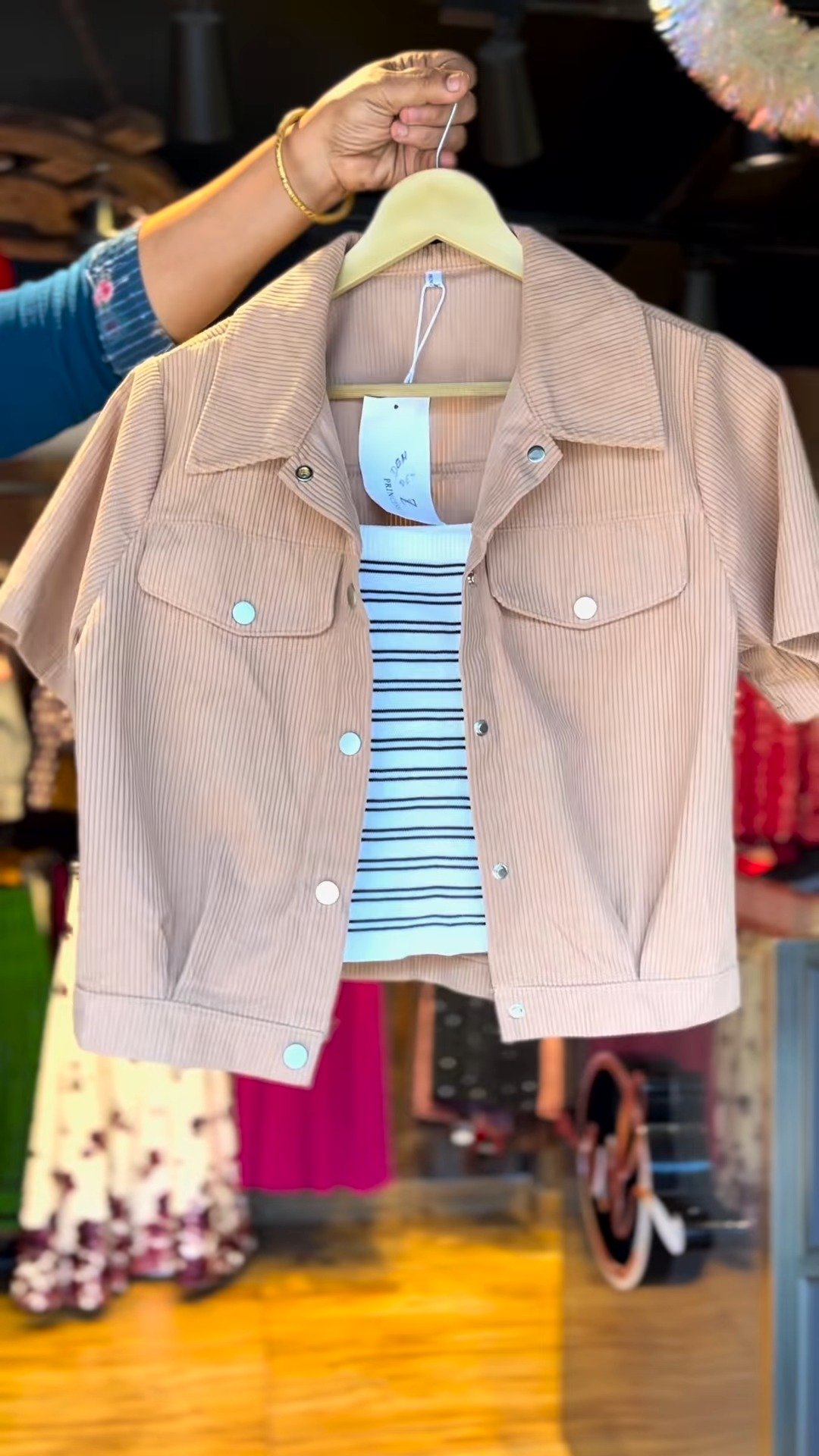 Chic Corduroy Shacket & Striped Layering Set – Available in Cream, Pastel Pink & Warm Beige - Image 3
