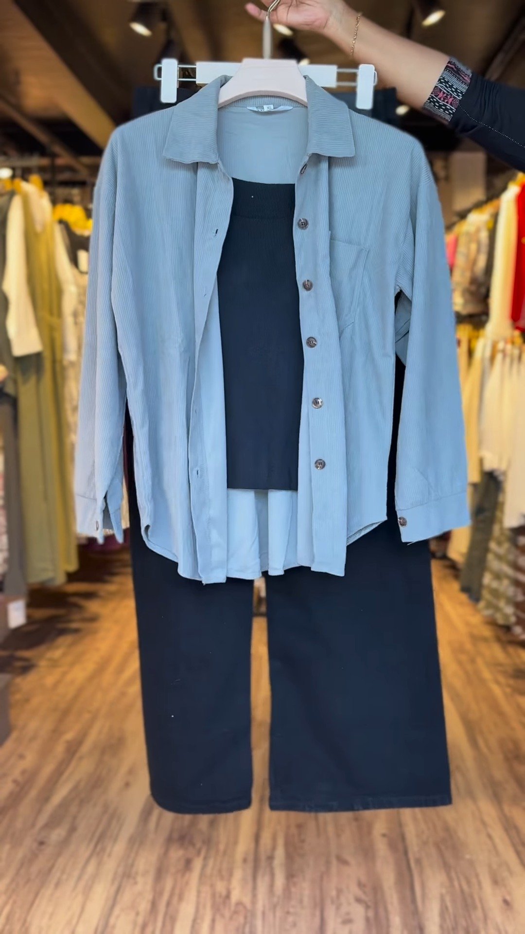 Contemporary Relaxed Co-ord Set in Dusty Blue & Black - Image 3