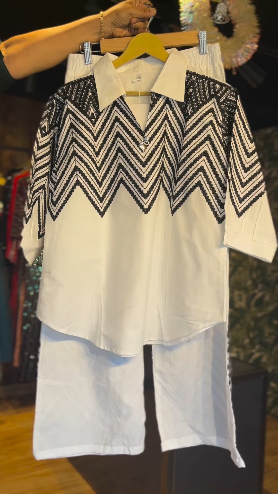 Monochrome Geometric Embroidered Co-ord Set in Crisp White - Image 3